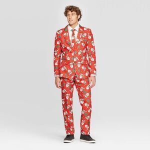 Suitmeister 3 Piece Men Ugly Christmas Suit Size Small/ Medium Santa and Trees